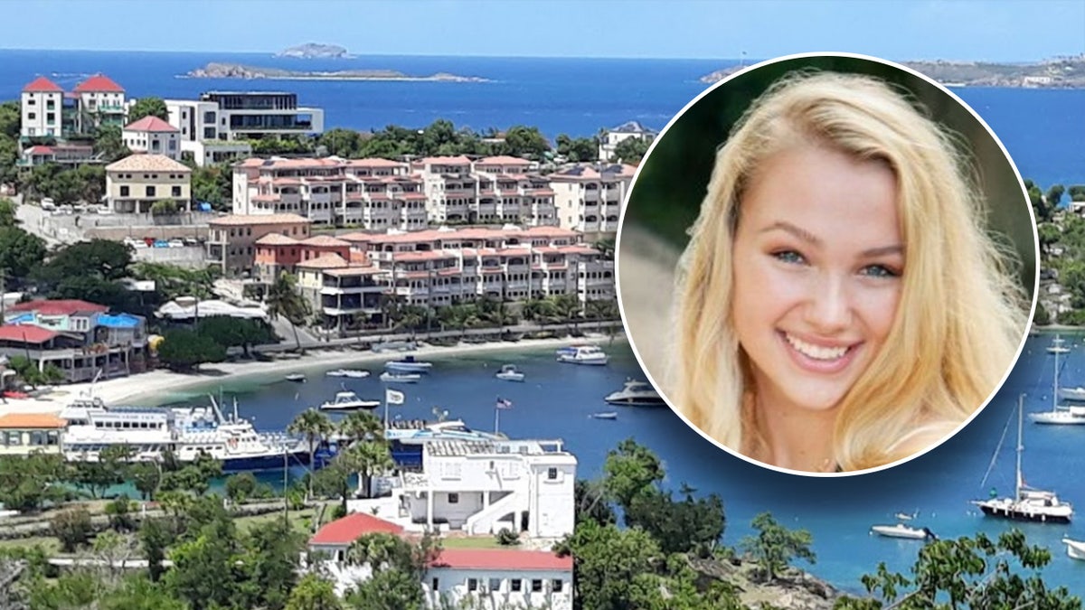 Blonde woman smiling in front of tropical island bay.