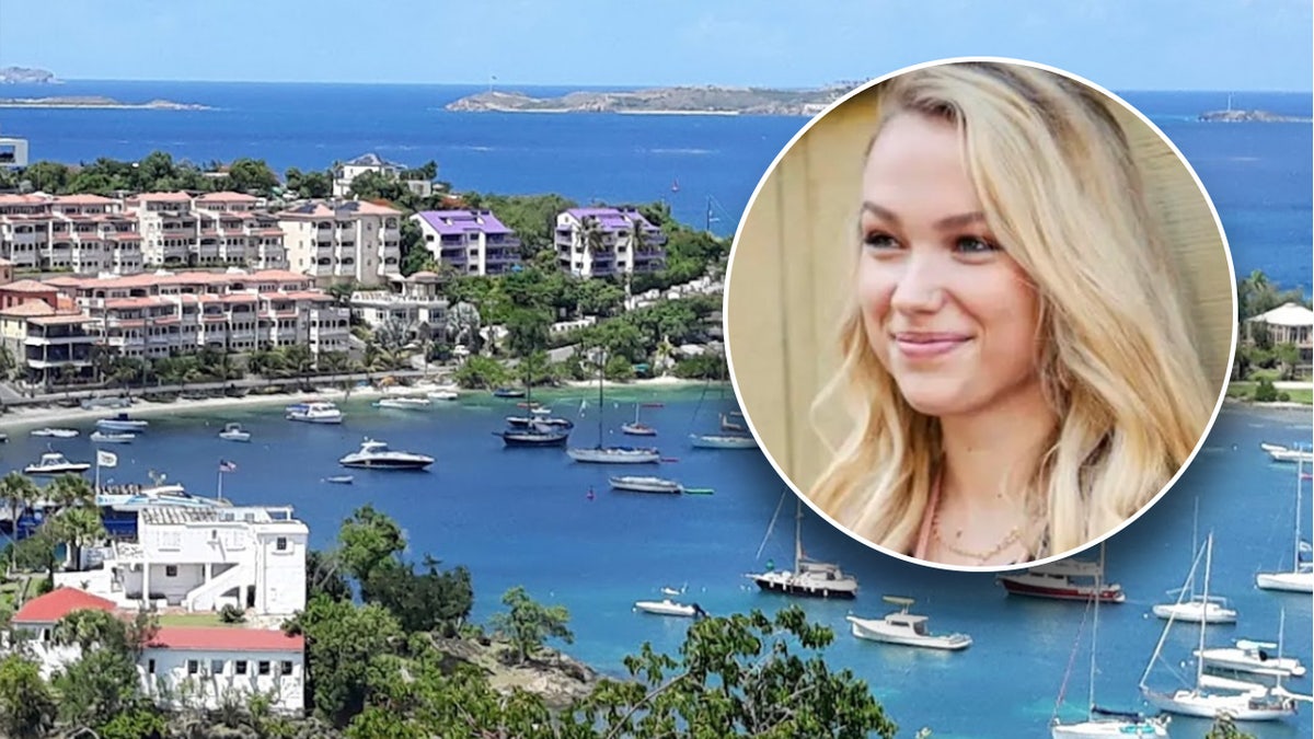 Blonde woman inset on picture of Cruz Bay in the U.S. Virgin Islands.