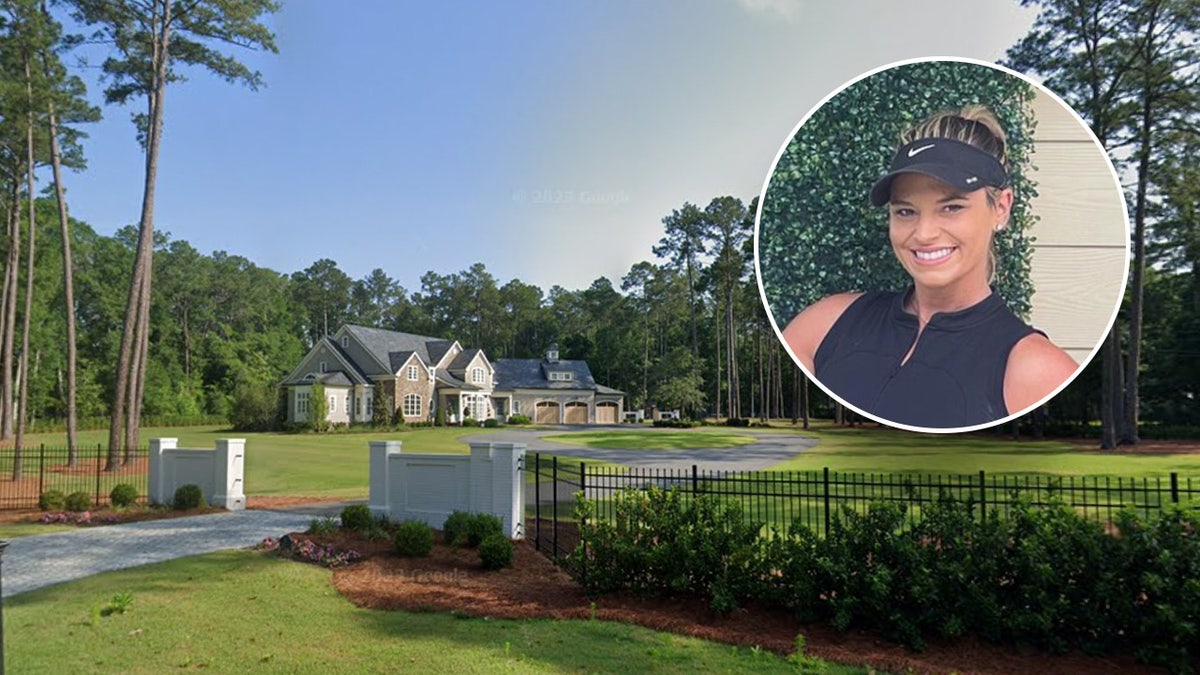 Lindsay Shiver wearing a tennis visor, inset, in front of sprawling estate with green grass.