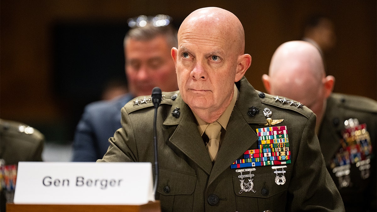 Photo of Gen. Berger testifying at the Senate Armed Services Committee hearing.