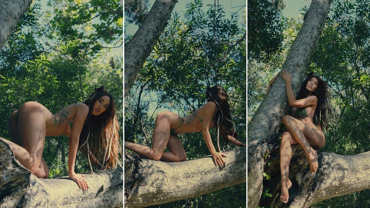 Megan Fox posing in a bikini in a tree