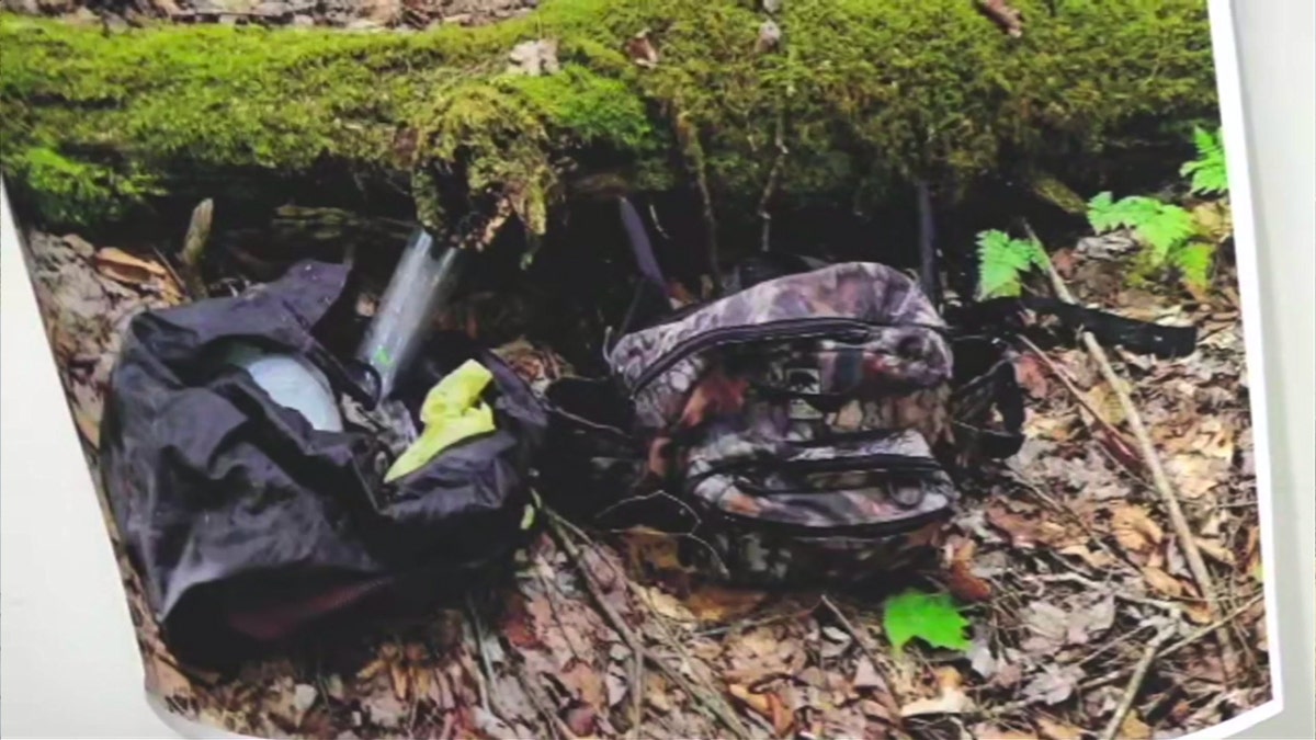 Camo bags and other supplies hidden under a mossy log in the woods of Pennsylvania