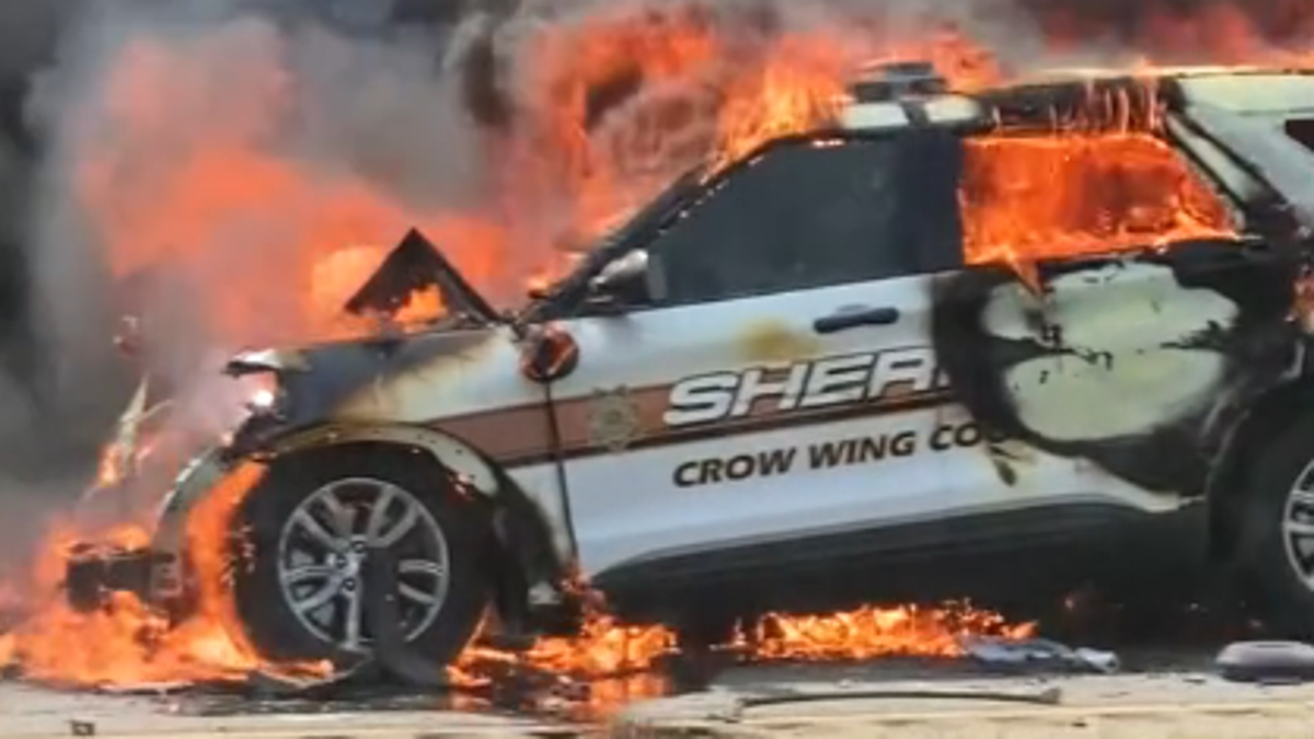 Minnesota police vehicle on fire after crash