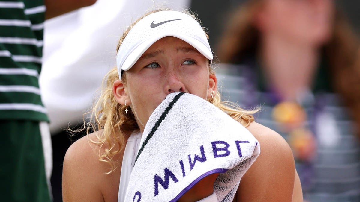 Mirra Andreeva reacts during her fourth round match at Wimbledon