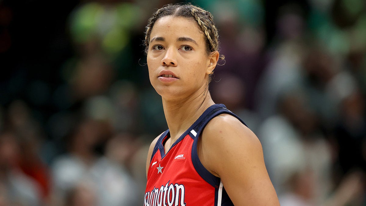 Natasha Cloud, #9 of the Washington Mystics, reacts during the fourth quarter against the Seattle Storm at Climate Pledge Arena on June 11, 2023 in Seattle.