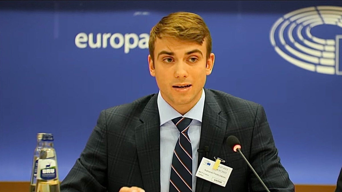 Nathaniel Pawlowski speaking to EU Parliament