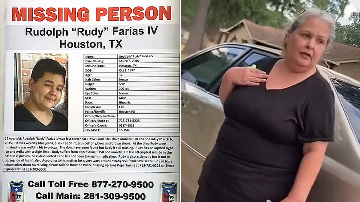 Missing person poster, left, Farias' mother, right