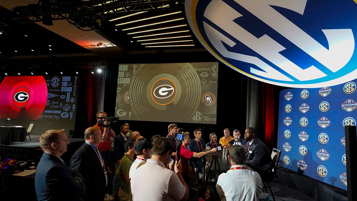 Overview shot of an interview at SEC Media Day