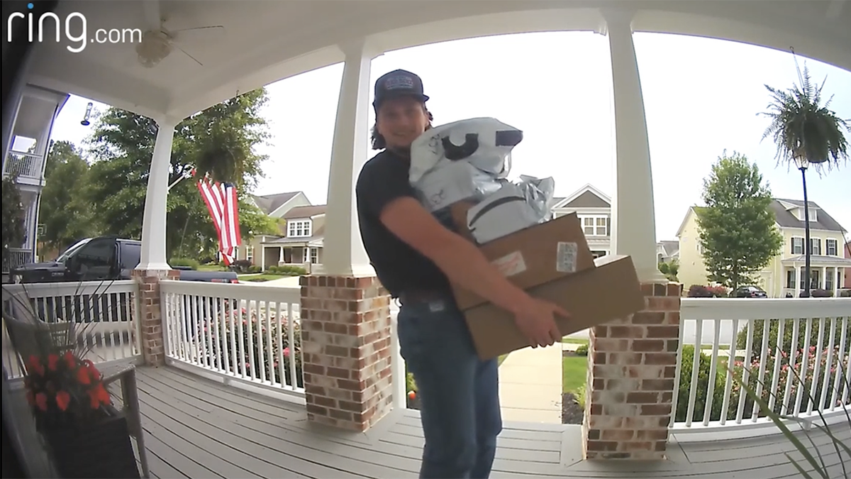 Son picks up mom's packages