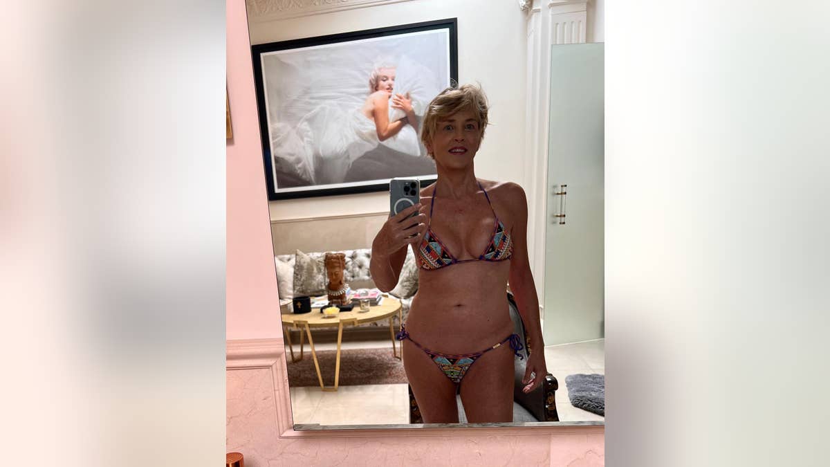 Sharon Stone wearing a colorful bikini