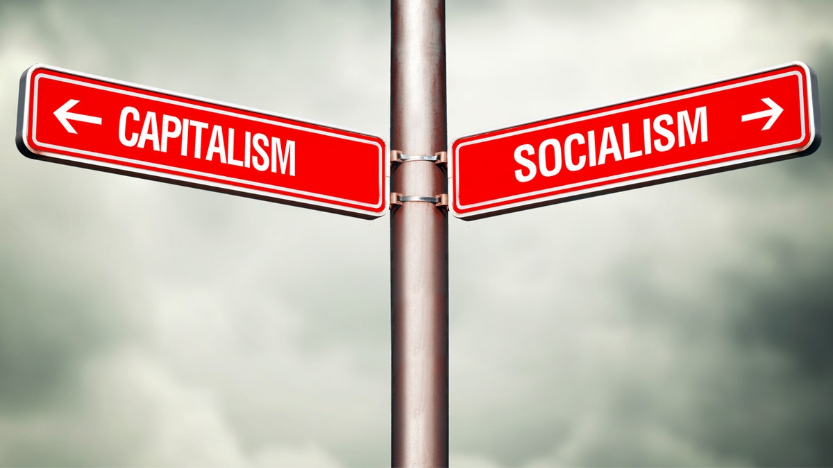Socialism and Capitalism street signs.