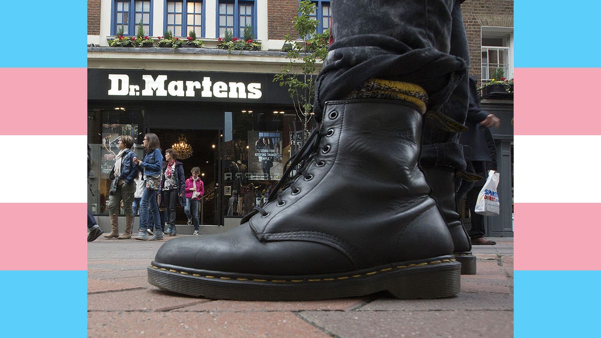 The Dr. Martens shoe over the trans flag
