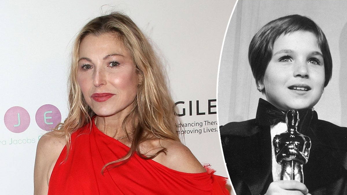 recent photo of Tatum ONeal split with photo of her with her Oscar at age 10