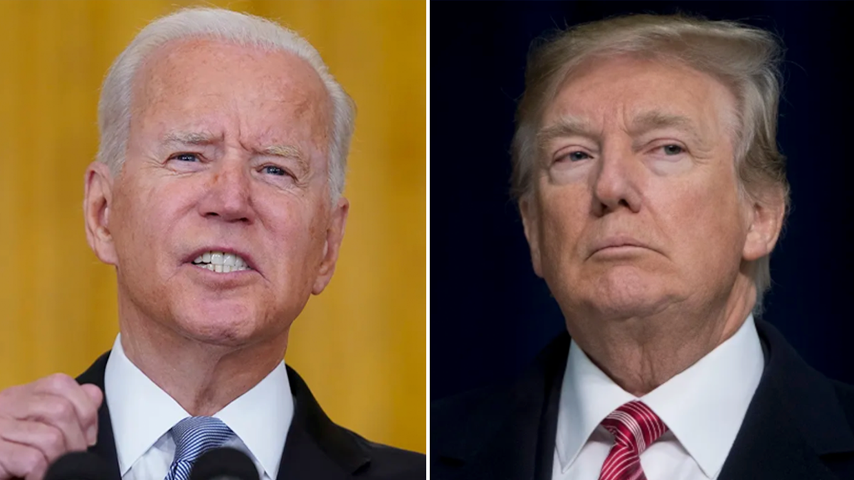imagens em tela dividida do presidente Biden (esquerda) e Donald Trump (direita)