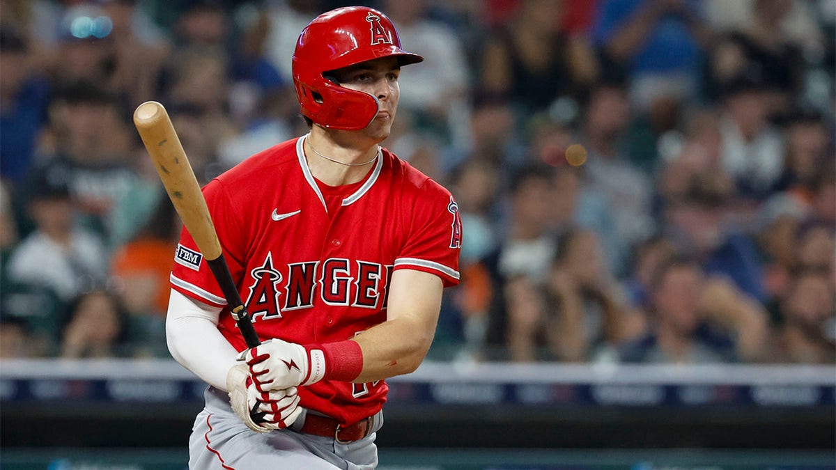 Los Angeles Angels right fielder Mickey Moniak, #16, hits an RBI double 10th inning against the Detroit Tigers at Comerica Park.