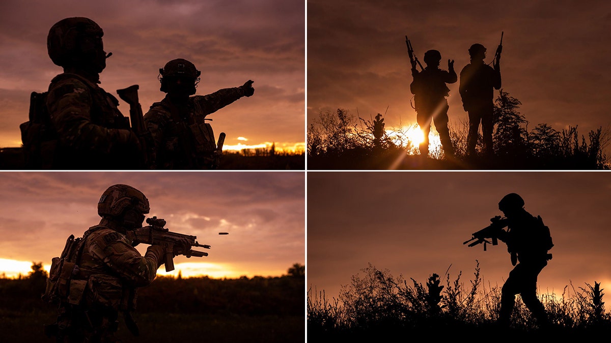 Soldiers pointing guns