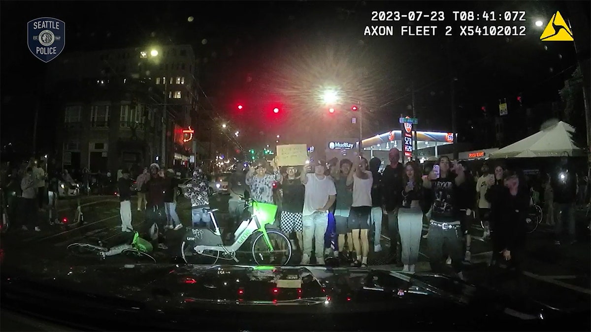 A crowd blocking the street in front of a police unit.