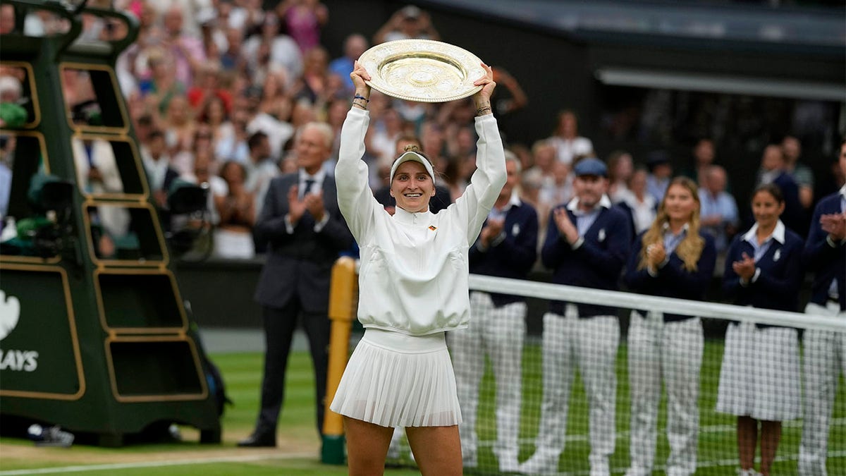 Marketa Vondrousova celebrates winning Wimbledon