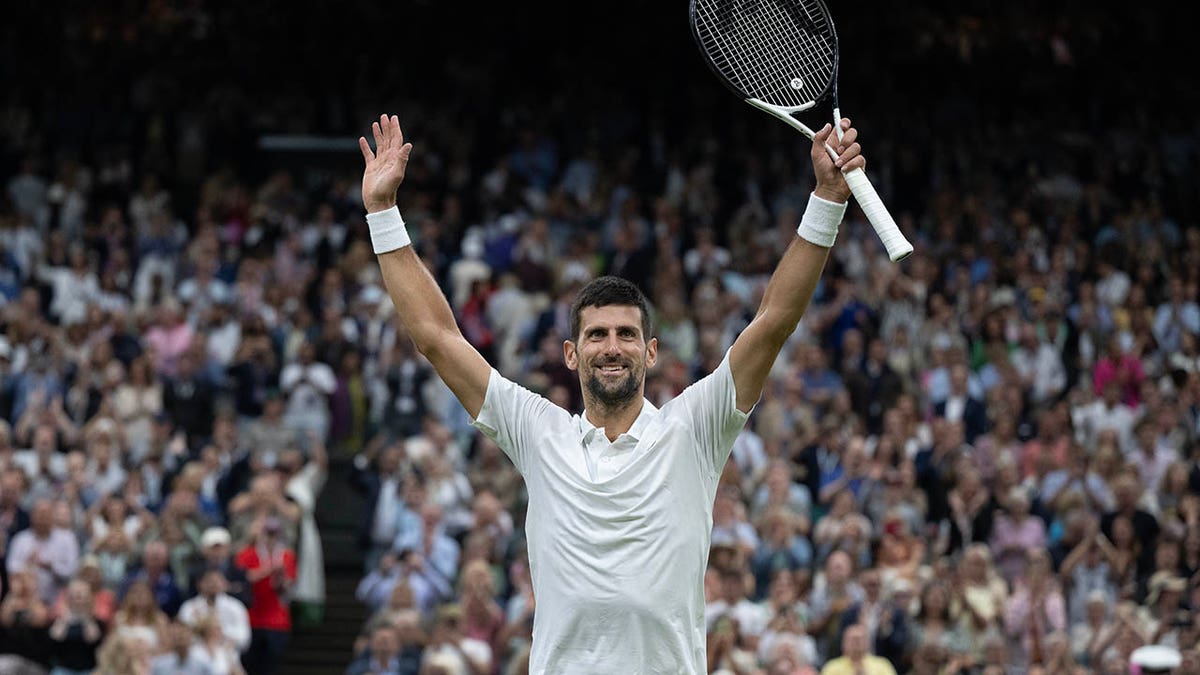 Novak Djokovic celebrates his Wimbledon semifinal victory