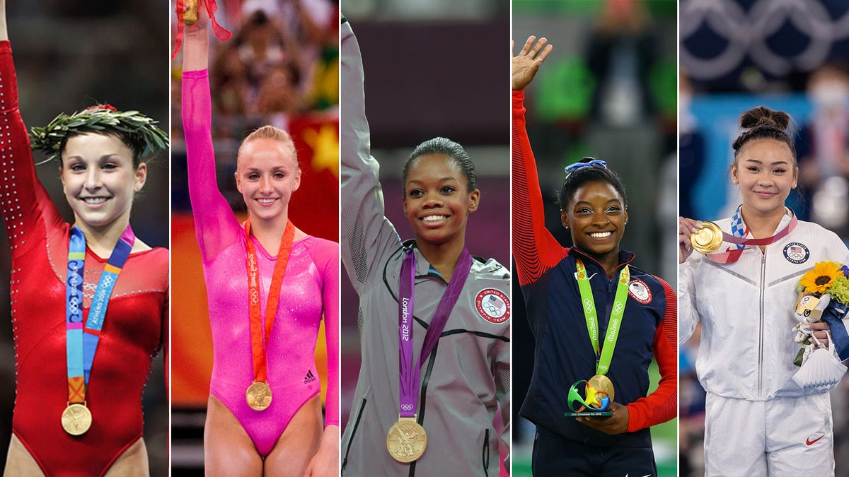 Carly Patterson, Nastia Liukin, Gabrielle Douglas, Simone Biles, and Suni Lee pose with their gold medals