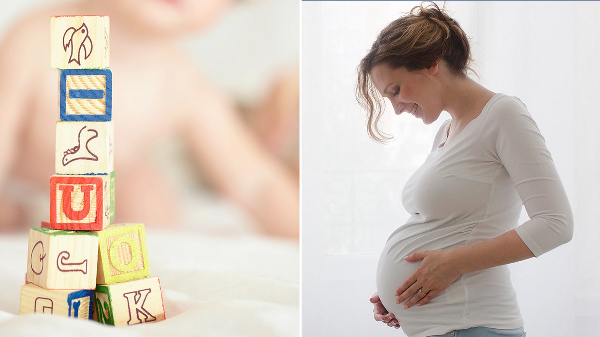 baby name split with building blocks and pregnant mom