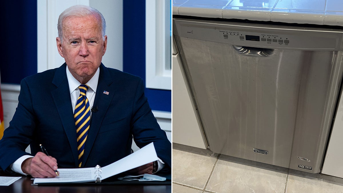 split image of Biden on the left and a dishwasher on the right