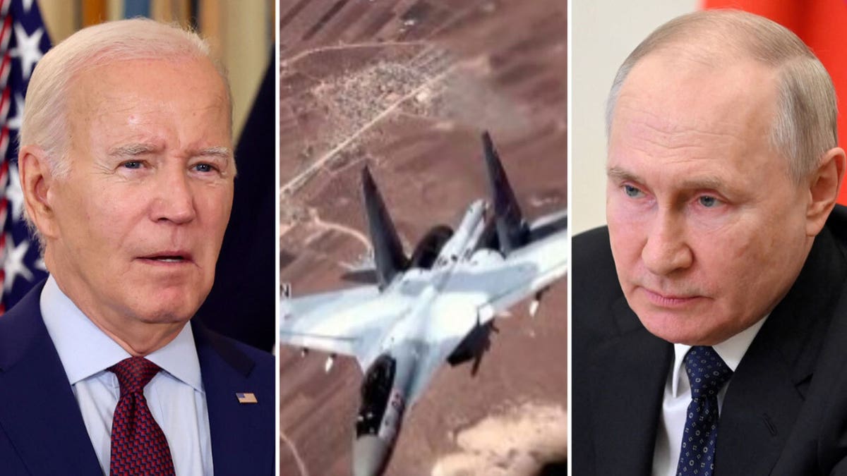 Side by side image of Biden, jet, and Putin
