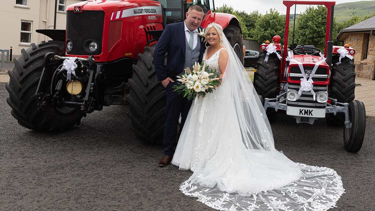 bride gets to wedding on tractor
