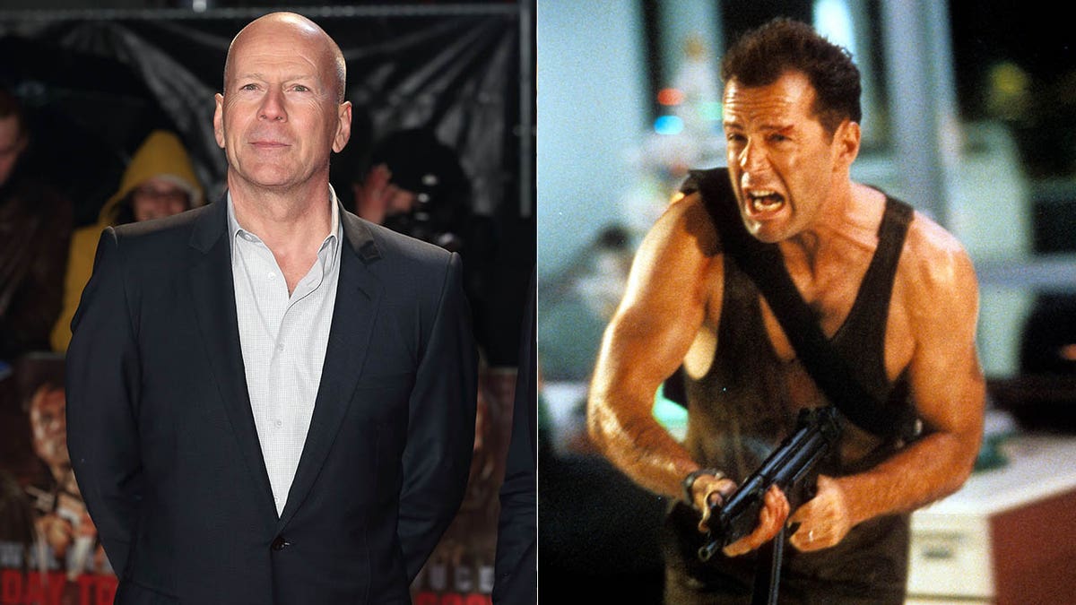 bruce willlis on red carpet/bruce willis in die hard holding gun and yelling