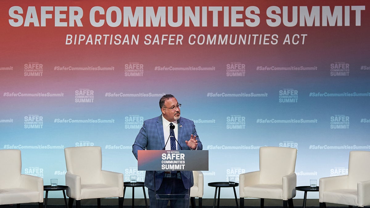 U.S. Secretary of Education Miguel Cardona speaks at the National Safe Communities Summit held at the University of Hartford in West Hartford, Connecticut, on Friday, June 16, 2023. The Biden administration is taking steps to make life easier for young people, especially young adults. This is part of a move to strengthen the federal government's gun safety efforts following the bipartisan Safer Communities Act passed last year.Photographer: Bing Guan/Bloomberg