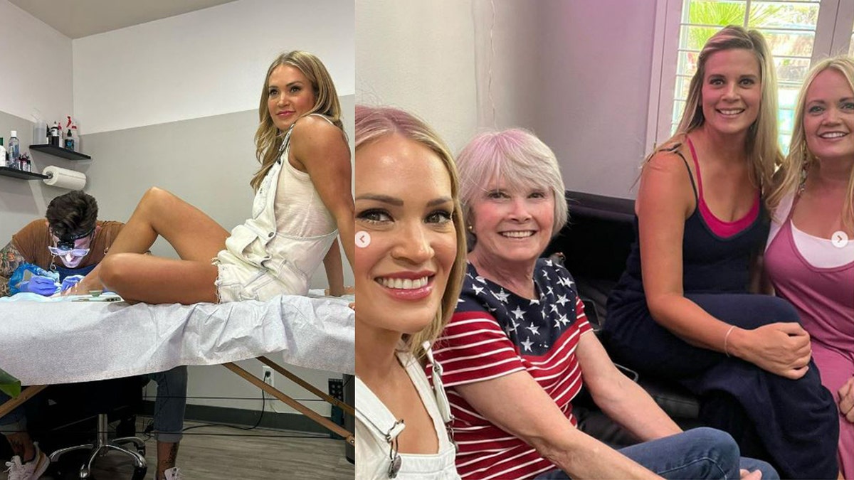 Carrie Underwood wears white overalls while getting a tattoo on her foot with her family