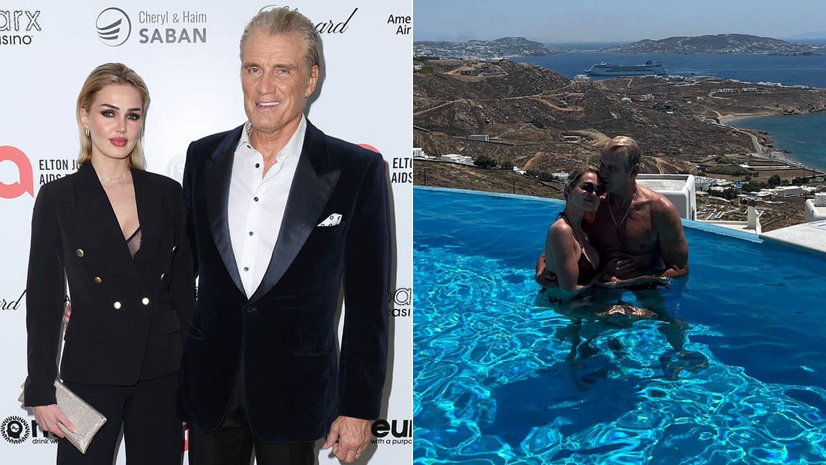 emma krokdal and dolph lundgren on red carpet/emma and dolph in pool in mykonos