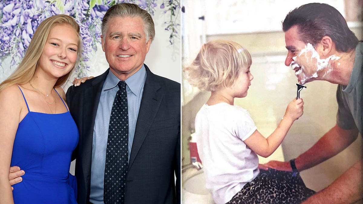 Treat Williams smiles in a suit with his daughter Elinor on the carpet inset a photo of Elinor as a toddler shaving Treat's face