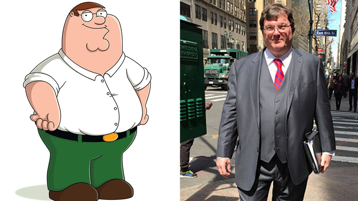Peter Griffin next Rex Heuermann standing on a city street in a gray suit and red tie.