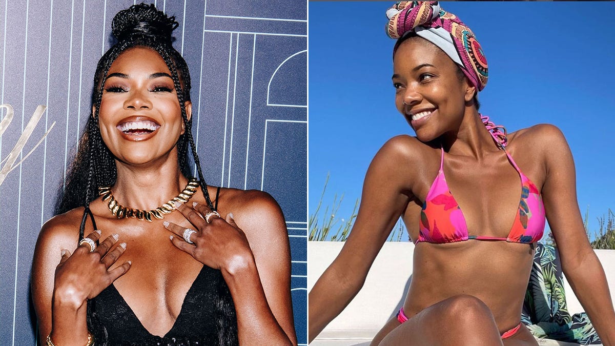 Split image of Gabrielle Union at an event and at the beach