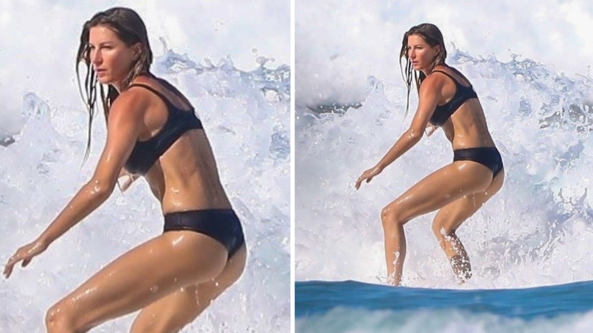 Gisele surfs in bikini and Heidi Klum flashes her abs aboard