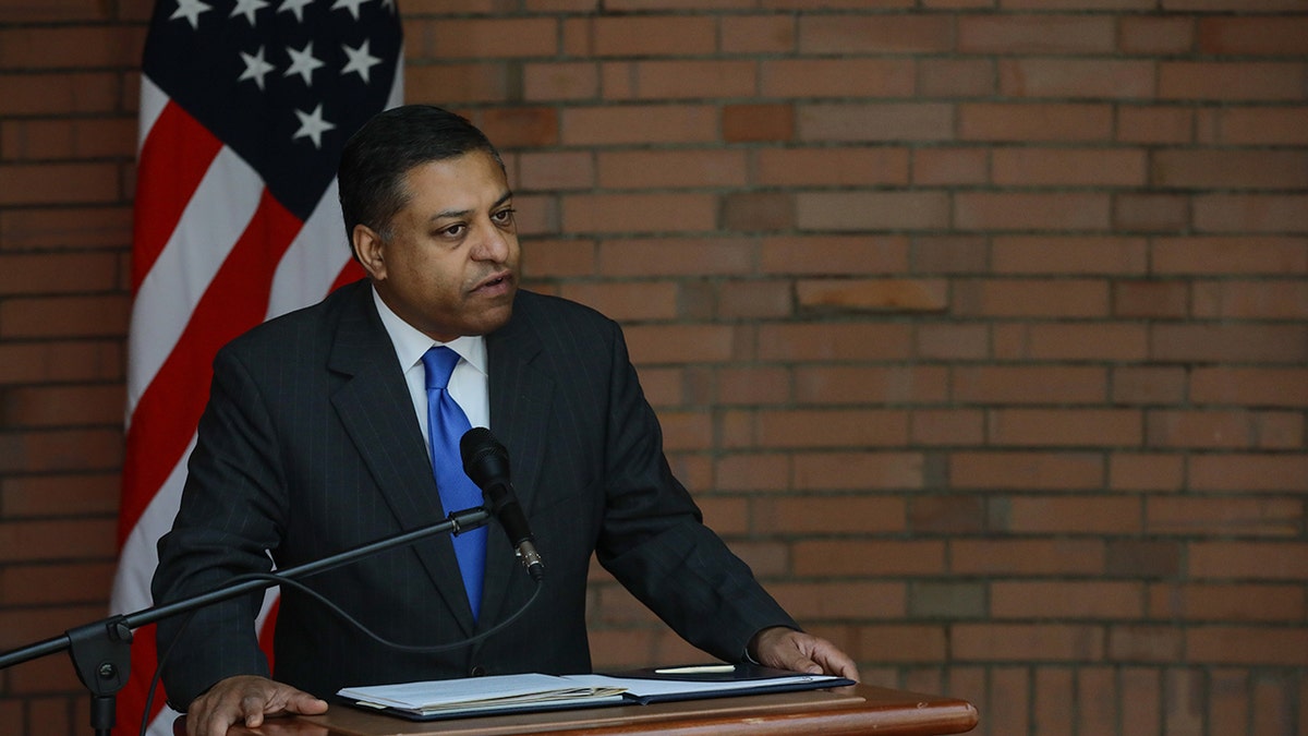 The Director of the White House Office of National Drug Control Policy (ONDCP) Dr. Rahul Gupta, ?speaks during a press conference at the Superior Council of the Judiciary in Bogota, Colombia on August 23, 2022.?