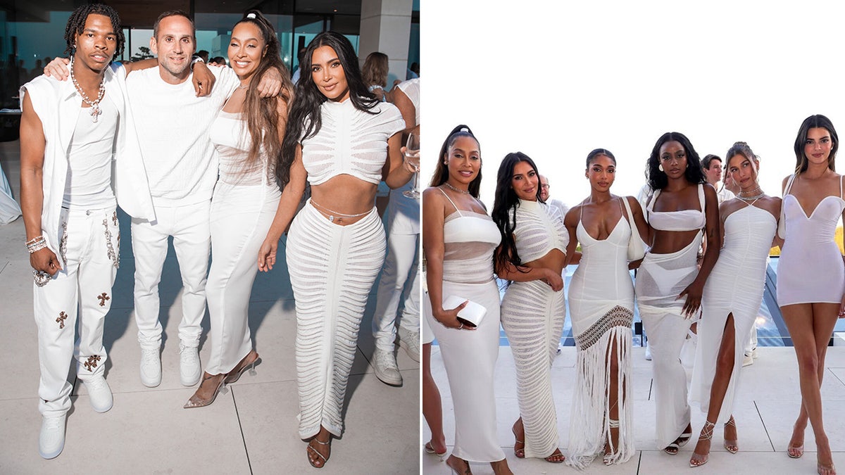 Kim Kardashian poses with Hailey Bieber and sister Kendall Jenner at white party