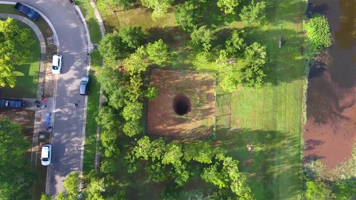 An aerial view of the sinkhole in Seffner, Florida