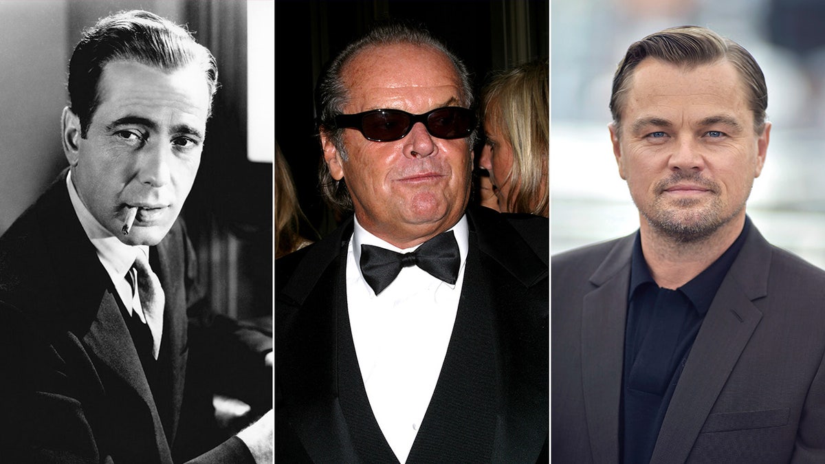 Humphrey Bogart with a cigarette in his mouth in a black and white photo split Jack Nicholson in a tuxedo and dark sunglasses split Leonardo DiCaprio on the carpet in Cannes in a grey jacket