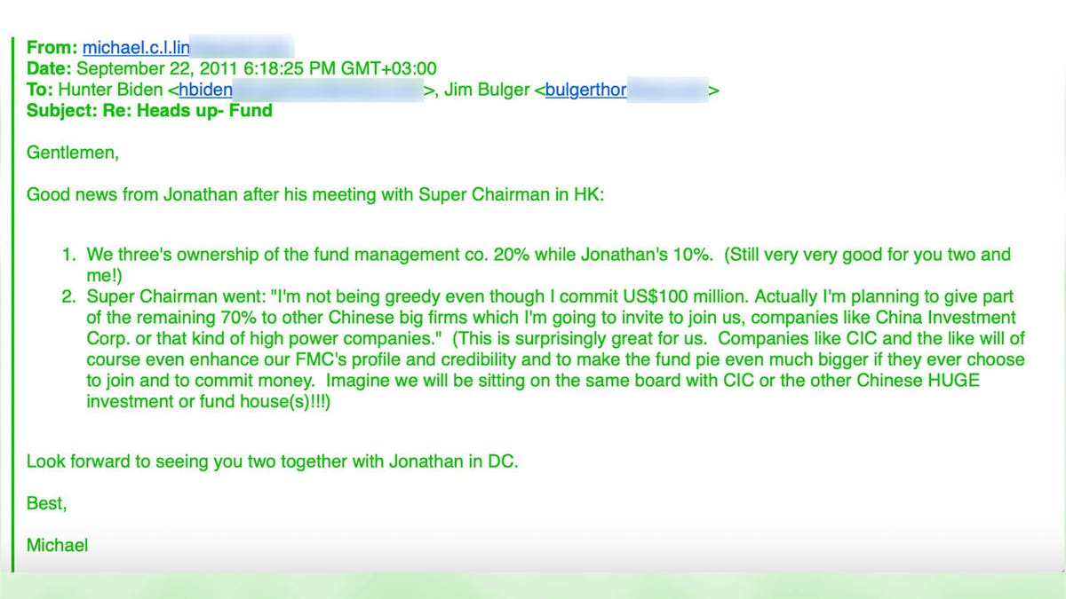 Michael Lin forwarded the term sheet to Hunter Biden and Jim Bulger on Sep 21, 2011.