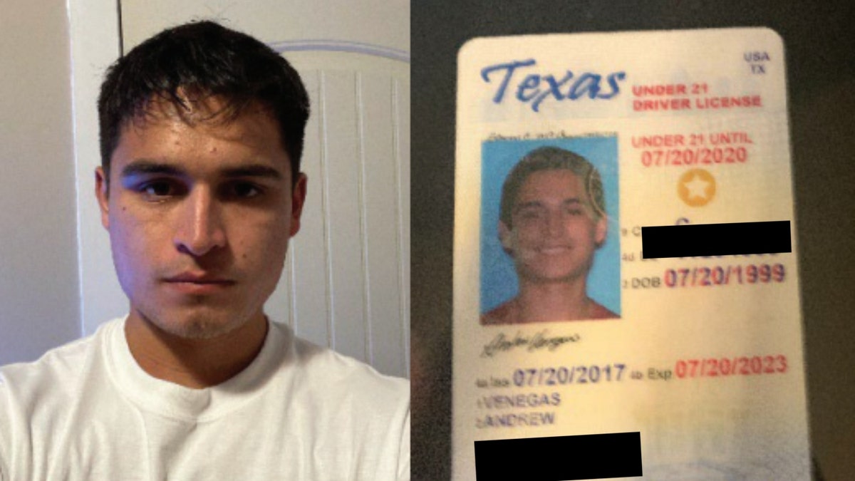 Andrew Venegas selfie, left, driver license right