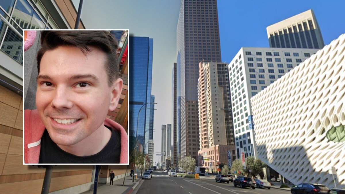 A photo of Aaron Davidson over a photo of S. Grand Ave. in Los Angeles