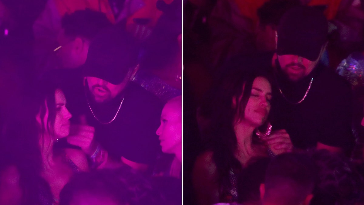 Leonardo DiCaprio in a black hat leans toward Irina Shayk in two pictures taken at an after party of Coachella