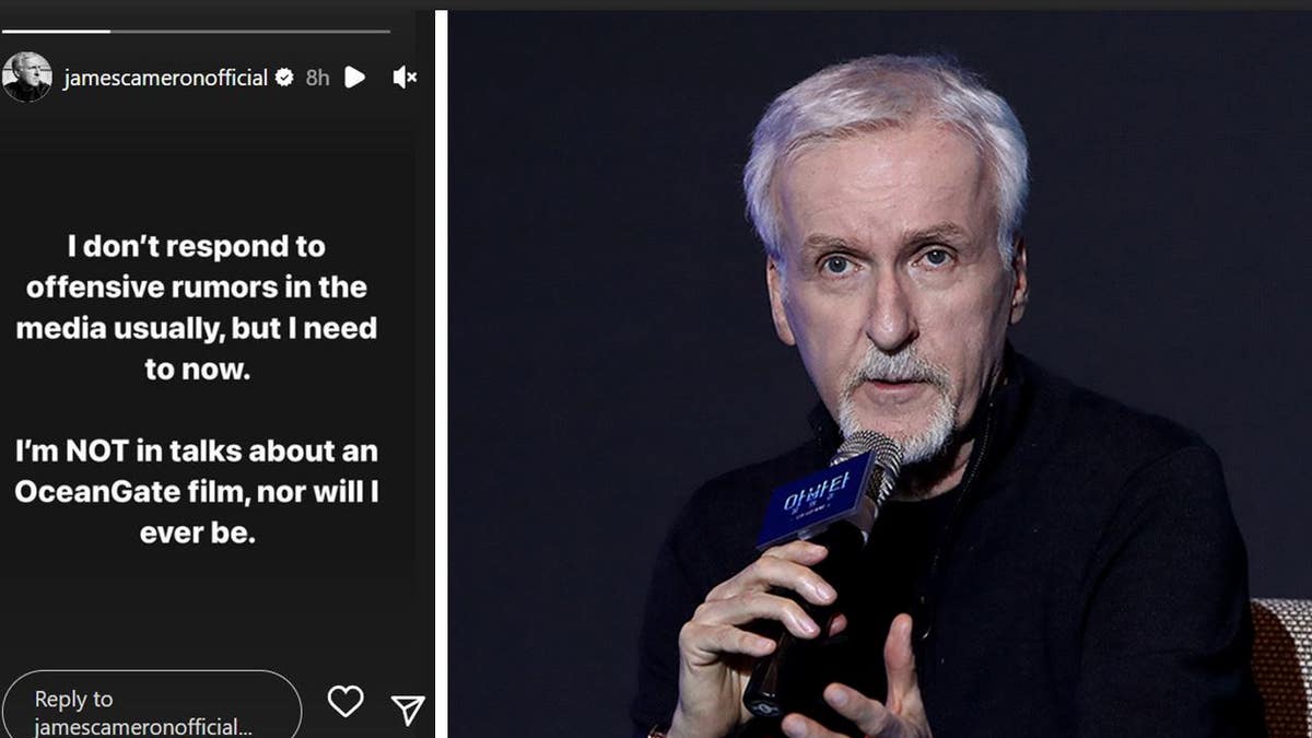 A split of James Cameron's Instagram story and him speaking