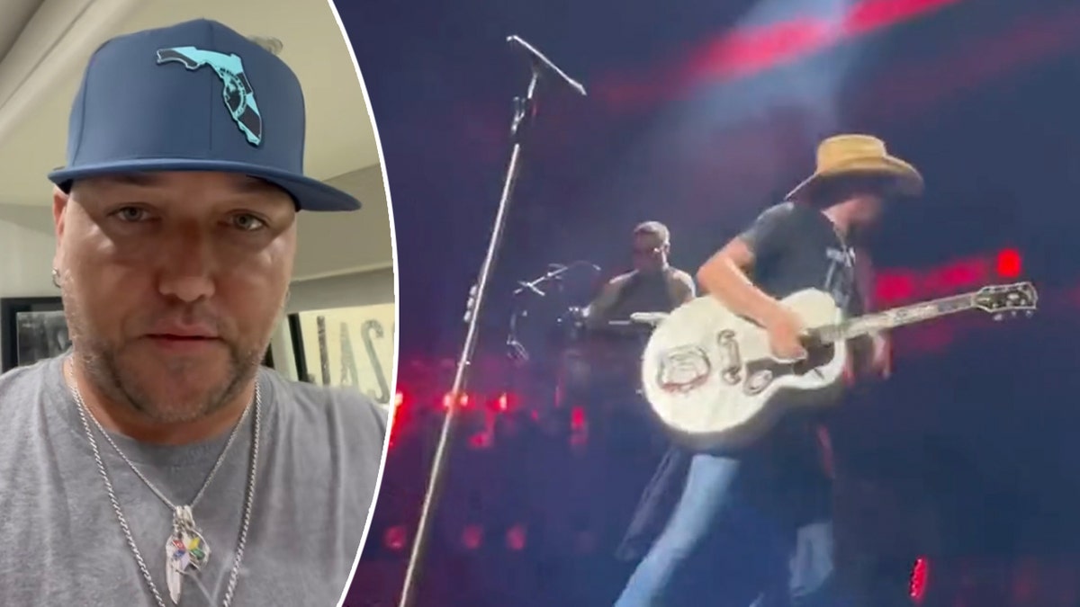 Jason Aldean wearing a Florida hat talking to the camera split Jason Aldean running off stage