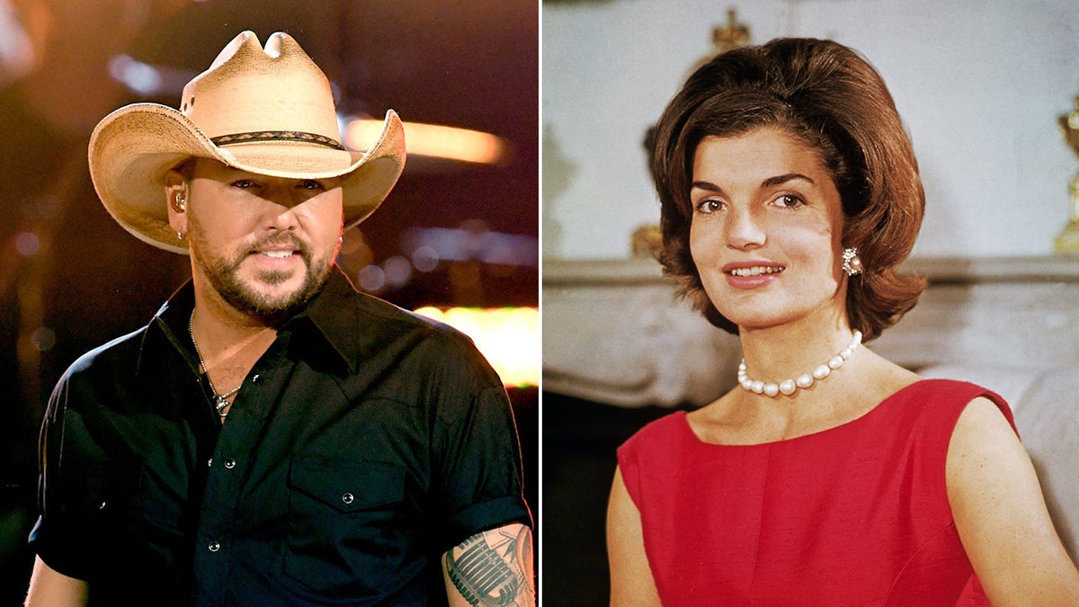 Jason Aldean in a black shirt and tan cowboy hat split Jackie Kennedy in red and a pearl necklace