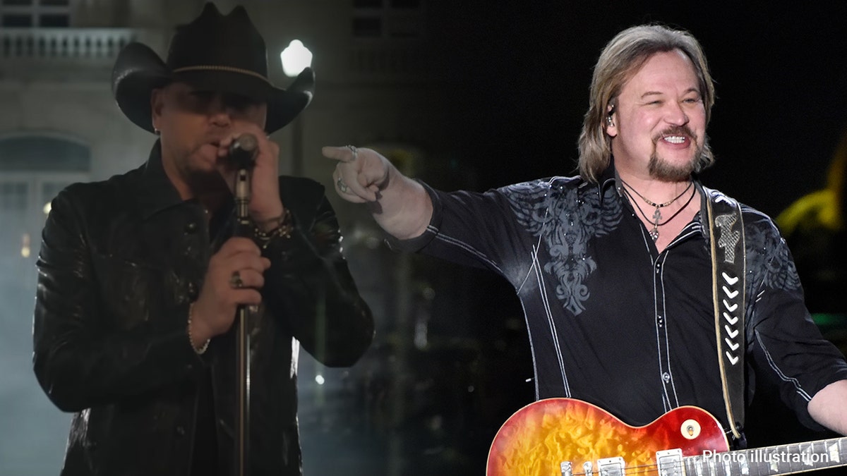 Jason Aldean singing, holding the microphone stand in "Try This In A Small Town" music video split Travis Tritt pointing with his right hand while on stage