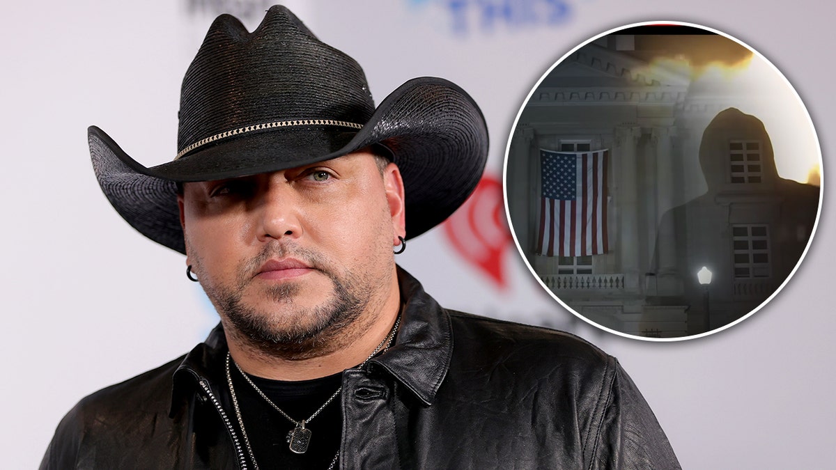 Jason Aldean looks serious in a black cowboy hat inset circle of 