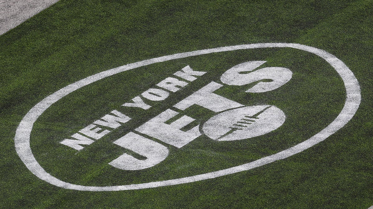 New York Jets end zone logo at MetLife Stadium in East Rutherford, NJ.